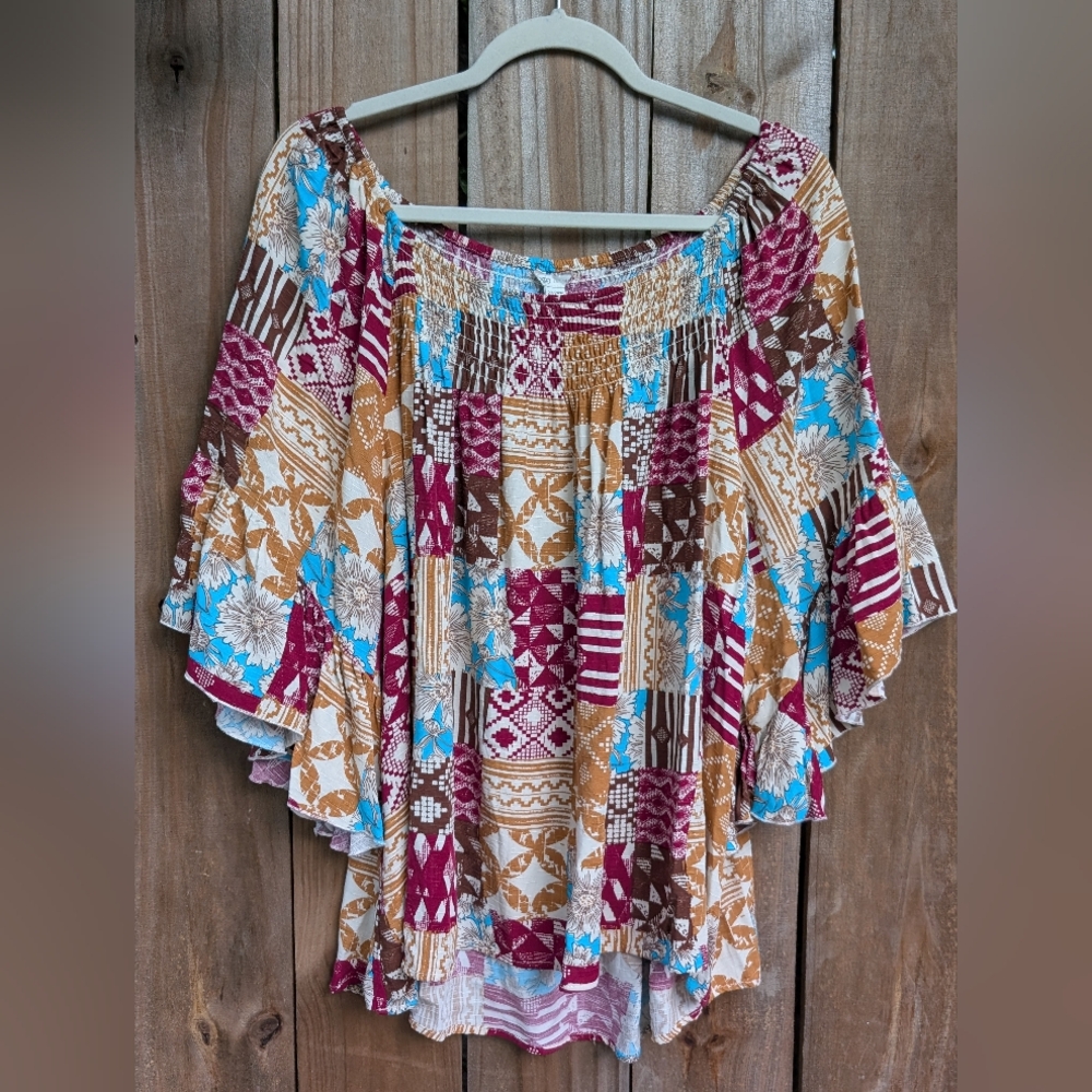 Cato Plus Size Patchwork Patterned Multicolor Bell Sleeve Blouse - Picture 2 of 12